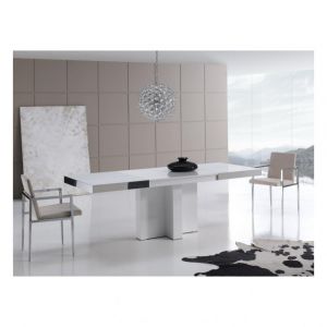 Inside75 Table repas extensible TOTEM 8 couverts 135/229x90cm pied bois plateau verre blanc