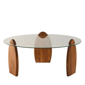 DRAWER Table basse ronde en verre trempé et bois ø90cm - Transparent - Wo