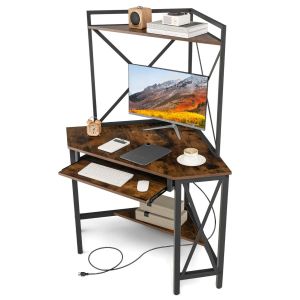 Coast Corner Desk with Loading Station - 80x80x145 cm - Rustic Brown & Black - Table d'ordinateur d'angle avec &eacute;tag&egrave;re pour clavier et 2 &eacute;tag&egrave;res