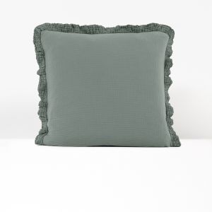 Taie d'oreiller unie gaze de coton à volant, K la Vert De Gris Taille 63x63 cm
