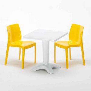 Grand Soleil Table et 2 chaises colorées polypropylene extérieurs PATIO | Ice jaune - Blanc