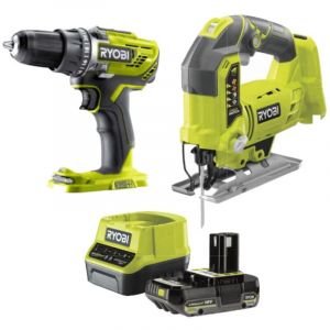 Ryobi Pack 18V Perceuse-visseuse R18DD3-0 - Scie sauteuse R18JS-0 - Batterie 2.0Ah et chargeur