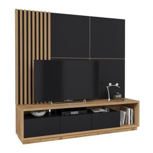 Price Factory - Meuble tv xl avec fond mural décoratif collection clara. Couleur chêne et noir mat. - Noir