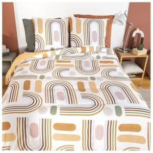 Cot&eacute; D&eacute;co Parure de lit 220x240 adulte - Housse de Couette + 2 Taies d'oreiller motif imprim&eacute; g&eacute;om&eacute;trique beige, rose, blanc &ndash; en microfibre