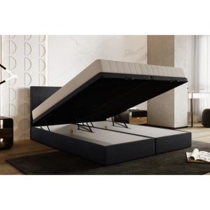 Lit boxspring 140x200 cm siesta avec rangement et matelas ressorts ensach&eacute;s en velours gris fonc&eacute;