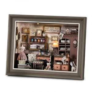 Dam Magasin de couture de lili. Maquette en bois, conception 3d r&eacute;aliste.