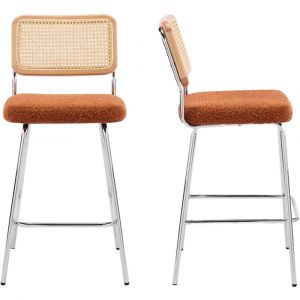Lot de 2 chaises de bar en cannage et tissu boucl&eacute; rouille, pi&egrave;tement chrom&eacute; - Muse