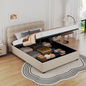 Concept-Usine Lit nuage avec coffre de rangement 160x200cm en velours beige DALLAS