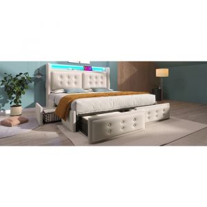 Lit banquette 140x200 cm adulte avec LED 7 couleurs et USB, lit gigogne 90x190 et bureau int&eacute;gr&eacute;, MDF blanc