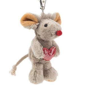 Schaffer 0234 porte-cl&eacute;s peluche souris avec coeur, Gris, ca. 9 cm