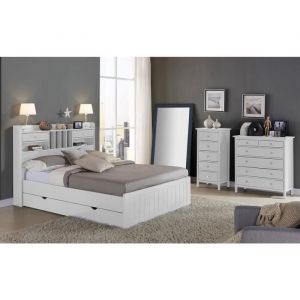 Lit avec rangements 140 x 190 cm - Pin - Blanc + Sommier + Matelas - MEDERICK