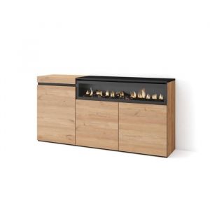 Buffet salon et cuisine, Meuble de Rangement, Commode, 150x75x35cm, 3 Portes, Cheminée électrique, Style moderne, Chêne et noir - Skraut Home
