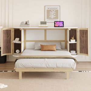 Lit escamotable 140x200 mural bois, sommier inclus, design cannage rotin, rangements int&eacute;gr&eacute;s