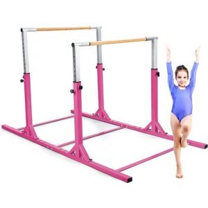 COSTWAY Double Barre de Gymnastique Hauteur Réglable 11 Niveaux 96-140CM Doubles Cerrous avec Talc en Poudre Jusqu'à 100 kg Rose