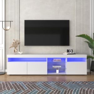 Meuble TV / Banc TV avec LED - Meuble TV 180cm - Blanc - 3 portes et &eacute;tag&egrave;res - Bois MDF