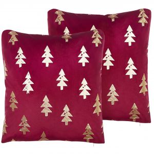 Beliani Lot de 2 coussins en velours avec motifs sapin 45 x 45 cm rouge CUPID