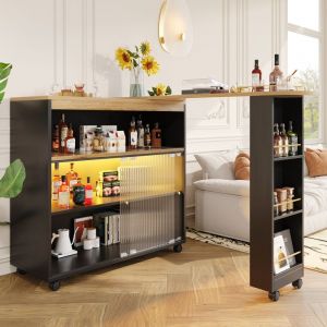 Table de Bar Extensible avec Espace de Rangement,LED, îlot de Cuisine,Noir (138-204×39×105cm)