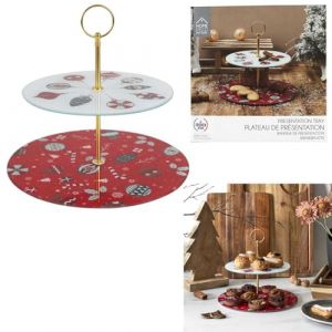 HOME DECO FACTORY, KA0383, Plateau de présentation Double étage Noël, Service de Table élégant, idéal pour Les fêtes, Facile à Nettoyer, Blanc et Rouge, Taille : 30 cm x 20 cm