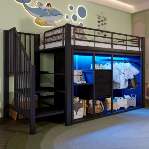 Lit mezzanine enfant 90x200 cm, 2 tiroirs, penderie ouverte, &eacute;clairage LED, compartiment de rangement, sans matelas, noir