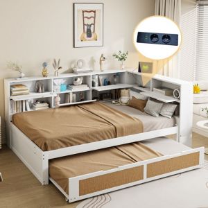 Lit double avec 3 tiroirs 140x200cm, pin, usb, sans matelas, lit adulte, blanc