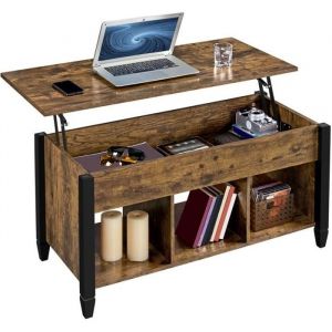 Yaheetech Table Basse Plateau Relevable, Table De Salon Industrielle, Table Avec Porte-Revues, 3 Compartiments De Rangement, Pieds Réglables En Bois Mdf Et Métal 104.5 Cm X 49.5 Cm X 49 Cm
