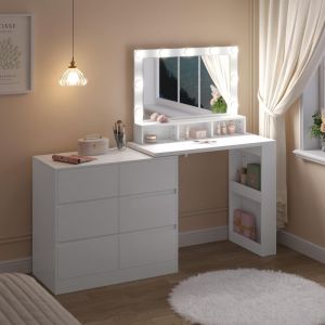 Woltu - Coiffeuse avec Miroir led &agrave; Luminosit&eacute; R&eacute;glable Table de Maquillage avec Commode &agrave; 6 Grands Tiroirs, &Eacute;tag&egrave;re Lat&eacute;rale &agrave; 2 Niveaux, Blanc