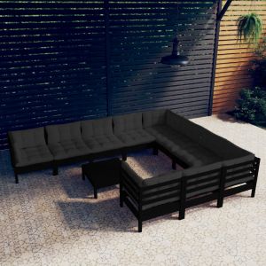 VidaXL Salon de jardin 11 pcs avec coussins Noir Bois de pin