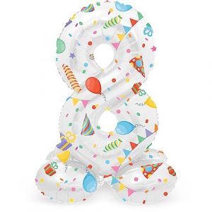 Folat 63968 Ballon Aluminium Num&eacute;ro avec base Chiffre 8 Joyful Party 72 cm-Pour Date, Anniversaire, D&eacute;coration, pas besoin d'h&eacute;lium, Multicolore