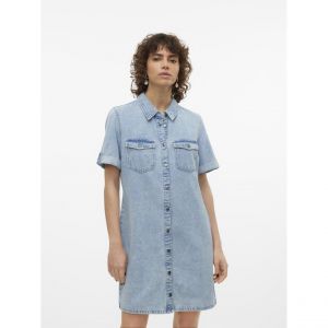 Vero Moda Robe en denim fermeture par bouton court col chemise manches avec revers manches courtes bleu Sam