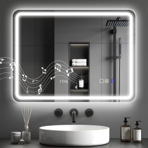 Homcom Miroir salle de bain - Bluetooth - éclairage LED - horloge, antibuée, mémoire - verre trempé - 60 x 80 cm - argenté