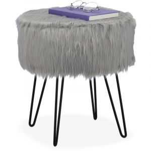 Relaxdays Tabouret Fourrure, Pouf matelassé, Longs Poils, Structure en métal, pour Coiffeuse, HxD : 41x37 cm, Gris/Noir