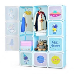 Penderie pour enfants Penderie pour bébés avec 2 sections suspendues et 12 cubes Mignonne commode de dessin animé pour chambre d'enfant Salle de jeux