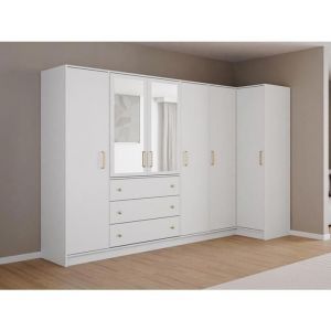 Armoire dangle 6 portes et 3 tiroirs - Avec miroirs - L311 cm - Blanc - LIZANDRO