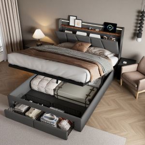 ADWOLT Lit coffre 140x190 cm avec LED, lit adulte avec sommier &agrave; lattes, ports USB Type C, 2 tiroir, t&ecirc;te rangement, lin