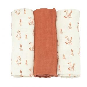 Trois Kilos Sept Lot de 3 Langes bébé - Carrés de Mousseline Coton 70x70cm - Multi-usages: Couverture, Doudou, Bavoir, Protection Solaire - Certificié Oeko-tex - Motif Oie - Terracotta