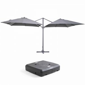 Image de Oviala Double Parasol Et 4 Dalles Lestées Sur Roues Aluminium Gris