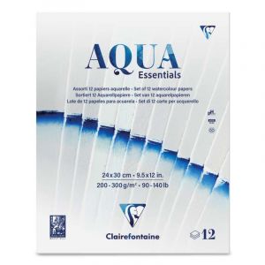 Clairefontaine 976099C Bloc Encollé Aqua Essential 24x30 cm - Assortiment de 12 Papiers Aquarelle - Idéal pour la Technique Humide