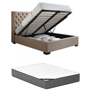 Lit coffre 140 x 200 cm avec tête de lit capitonnée - Tissu - Beige + Matelas - MASSIMO