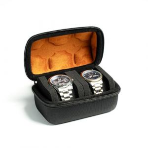 AUKURA Étui de voyage à 2 emplacements pour homme, boîte de rangement rigide à fermeture éclair pour grande montre avec coussin anti-mouvement (doublure en microfibre à 2 fentes noire)