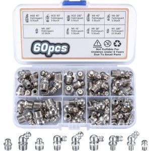 60 Pièces Assortiment de Graisseurs, Filetés de Graissage, M6 M8 M10 Raccords de Graisse, Raccords Filetage Mâle Graisseurs droit/45°/90° pour