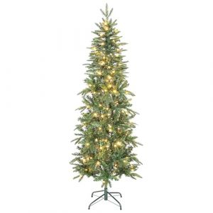 Homcom Sapin de Noël Artificiel 180 cm, Arbre de Noël Slim avec 200 lumières Blanches Chaudes, 8 Modes d'éclairage, 605 Pointes de Branche articulée, Support en métal, Plastique Ignifuge, Vert