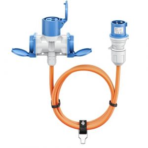 Goobay Câble Adaptateur CEE pour Caravane, 1,5 m, Prise CEE vers 1 Prise CEE et 2 Prises avec Contact de Protection, IP 44, câble de Camping, Camping-Car et travaux 76231