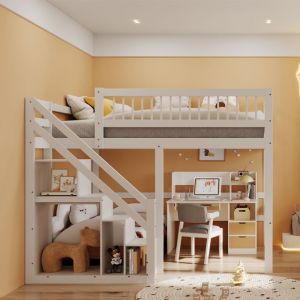 Lit mezzanine 140x200, lit mezzanine 2 places,lit mezzanine escalier,avec placard de rangement,lit jeune, bois massif,Blanc