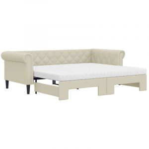 VidaXL Lit de Jour avec Lit Gigogne et Matelas, Canap&eacute;-lit, Lit d'Invit&eacute;, Meuble de Chambre &agrave; Coucher Salle de S&eacute;jour, Cr&egrave;me 90x200 cm Similicuir