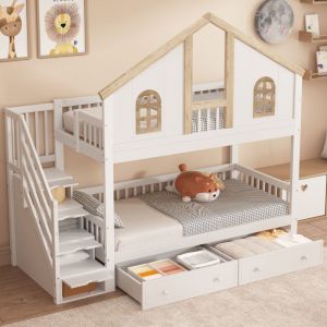 Fortuna Lai - Lit superposé 90x200cm - lit cabane enfant avec 2x sommier, fenêtre, 2 tiroirs et escaliers de rangement - pin+MDF, blanc+naturel