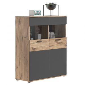 Buffet haut 2 portes vitrée – Gris anthracite et chêne clair – SELMA