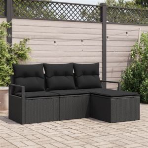 Ensemble de Canap&eacute;s de Jardin 4 pi&egrave;ces avec Coussins Noir Poly Rotin, Canap&eacute; de Jardin 2 places avec Rangement & Coussins Noir