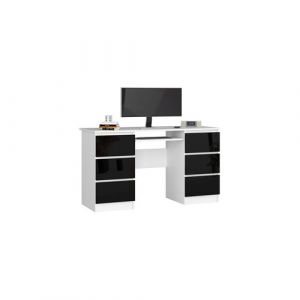 Bureau d'ordinateur AKORD A11 Blanc 135 cm 6 tiroirs fa&ccedil;ade Noir Brillant 135x50x77 cm