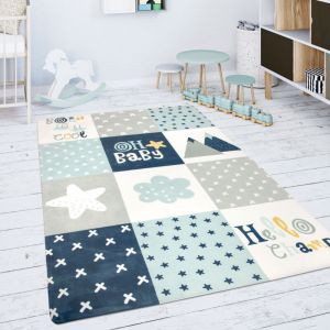Paco Home - Tapis Chambre Enfant Tapis De Jeux Tapis B&eacute;b&eacute; Losanges &Eacute;toiles Gris Bleu Blanc 80x150 cm