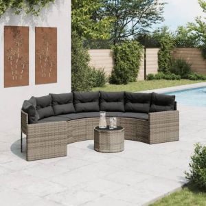 VidaXL Canapé de jardin table coussins demi rond gris résine tressée